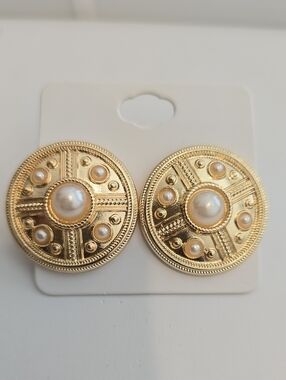 Gold Pearl Accent Round Clip-On Statement Earrings - Women Jewelry